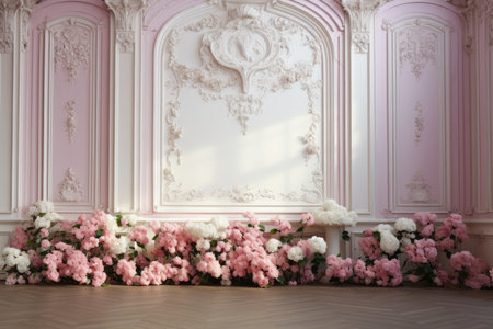 Classic interior with pink wall and floor decorated with flowers. 3d renderの素材