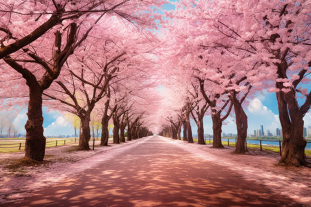 Cherry blossom trees along the road in Tokyo, Japan.の素材