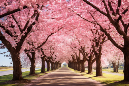 Cherry blossoms in full bloom along a road in spring.の素材