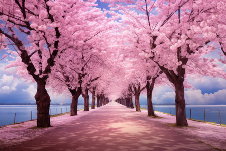 Cherry blossoms along the promenade of the lake.の素材
