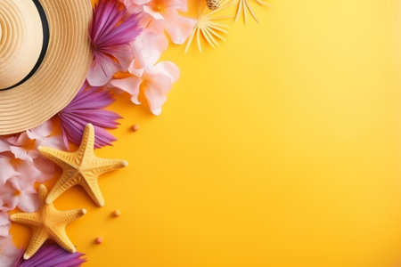 summer background with hat, flowers and starfish on yellow backgroundの素材