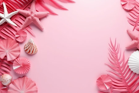 Pink seashells, starfish and palm leaves on pink backgroundの素材