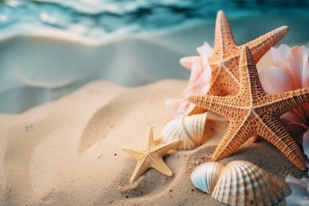 Summer background with starfish and seashells on sandy beach.の素材
