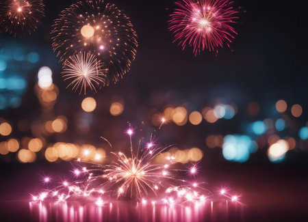 Colorful fireworks display with bokeh light on night sky backgroundの素材