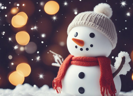 snowman with scarf and hat on bokeh lights backgroundの素材