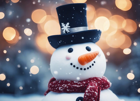 Snowman with hat and scarf on snowy background with bokehの素材