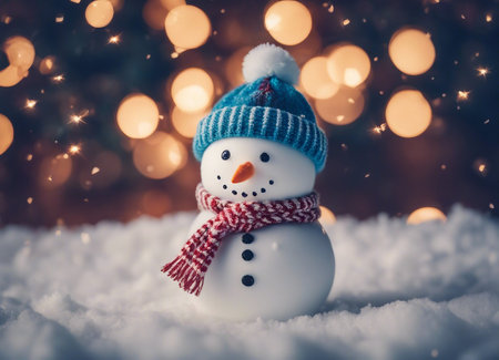 Snowman in winter hat and scarf on snow with bokeh backgroundの素材