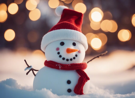 Christmas snowman in red hat and scarf on snow with bokeh background.の素材
