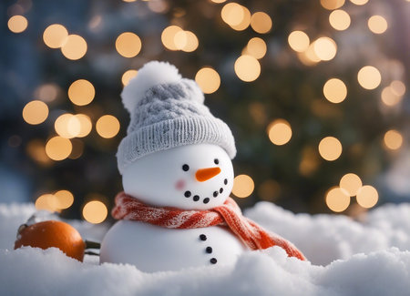 Christmas snowman in the snow with tangerine and bokeh backgroundの素材