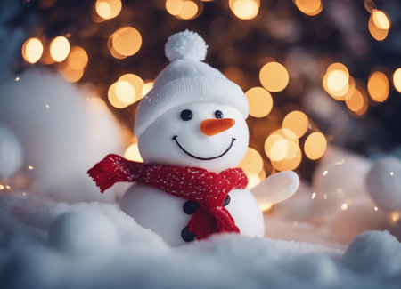 Christmas background with snowman and bokeh lights. Christmas greeting card.の素材