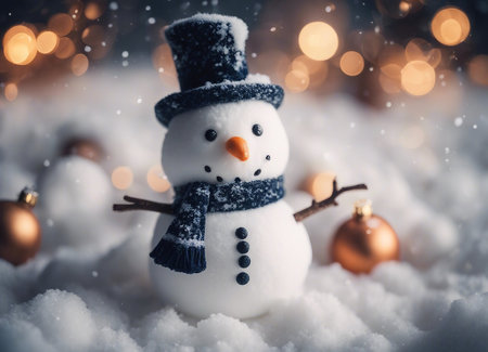 Snowman with christmas balls and lights on bokeh backgroundの素材