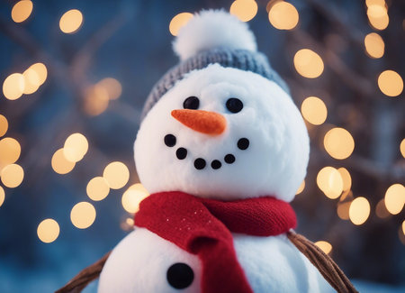 Christmas snowman on bokeh background. Christmas and New Year concept.の素材