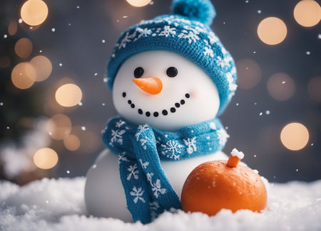 Snowman with tangerine and snowflakes on bokeh backgroundの素材