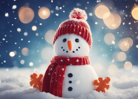 Snowman with red scarf and hat on snow with bokeh backgroundの素材