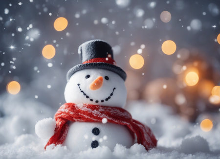Snowman with hat and scarf on snow with bokeh lights backgroundの素材