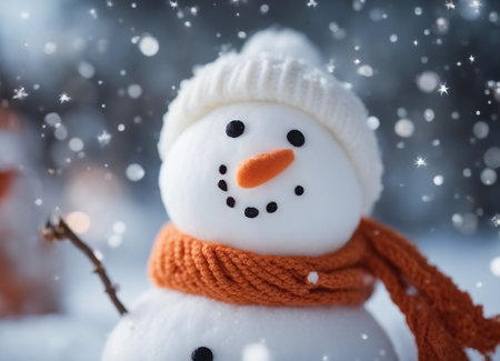 Snowman with scarf and hat on snowy background. Christmas card.の素材