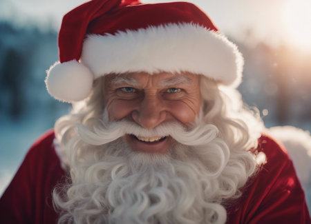 Portrait of happy Santa Claus in red coat and white beard. He is looking at camera and smiling.の素材