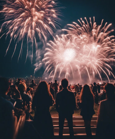 Fireworks in the night sky with silhouettes of people and crowdの素材
