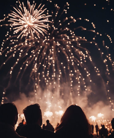 crowd watching fireworks in the night sky, holiday and celebration conceptの素材