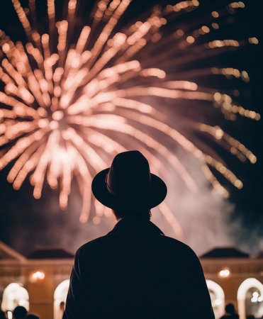 Silhouette of a man in a hat looking at fireworks.の素材