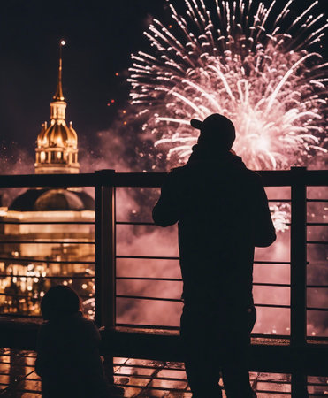 Silhouette of a man watching fireworks in front of the Kazan Cathedralの素材