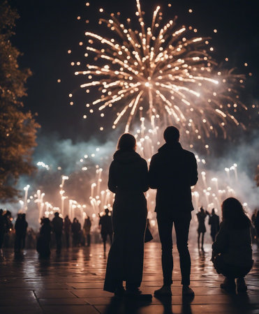 couple with fireworks on the background of the night city. love conceptの素材
