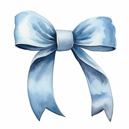 Blue bow isolated on white background. Watercolor hand drawn illustration.の素材