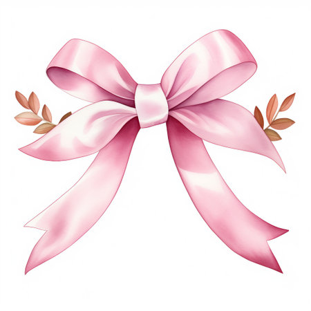 Pink bow with ribbon isolated on white background. Watercolor illustration.の素材