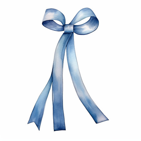 Blue ribbon bow isolated on white background. Watercolor hand drawn illustrationの素材
