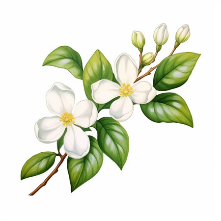 White jasmine flowers and green leaves isolated on white background.の素材