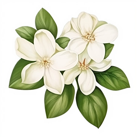White magnolia flowers with green leaves isolated on white background. Vector illustration.の素材
