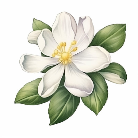 Beautiful watercolor illustration of a white flower with green leaves.の素材