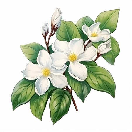 Jasmine branch with flowers and green leaves. Vector illustration.の素材