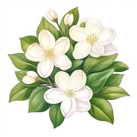 Bouquet of white flowers with green leaves. Vector illustration.の素材