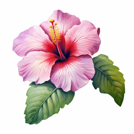 Pink hibiscus flower with green leaves isolated on white backgroundの素材
