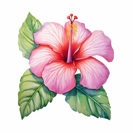 Pink hibiscus flower isolated on white background. Watercolor illustrationの素材