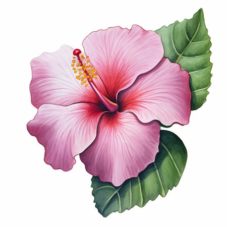 Pink hibiscus flower with leaves isolated on white background.の素材