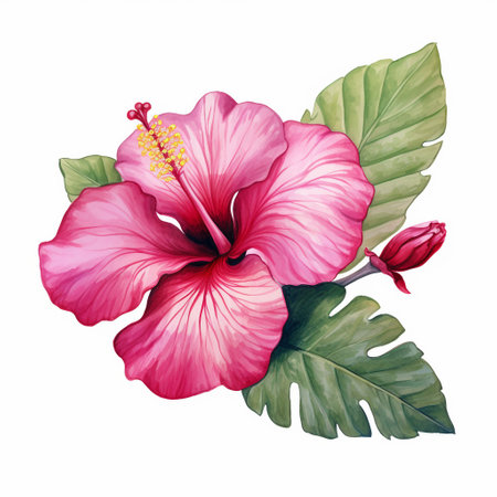 Pink hibiscus flower with leaves isolated on white background.の素材