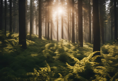 Beautiful forest in the morning light with fog and sunbeamsの素材