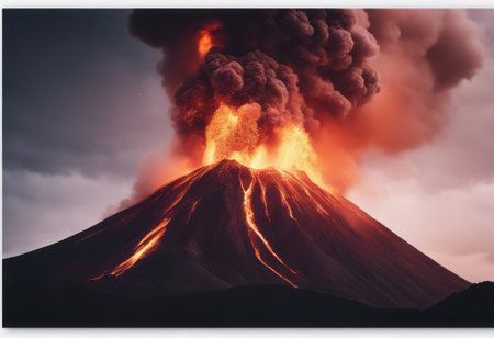Volcanic eruption with ash and smoke in the sky. 3d illustrationの素材