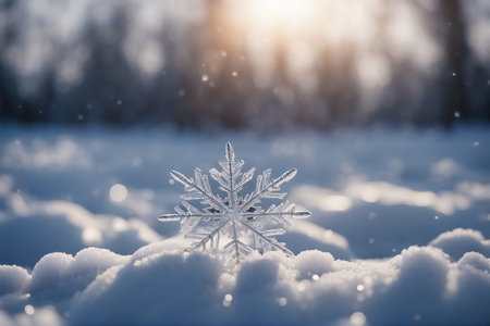 snowflake in the snow on a background of a winter forestの素材
