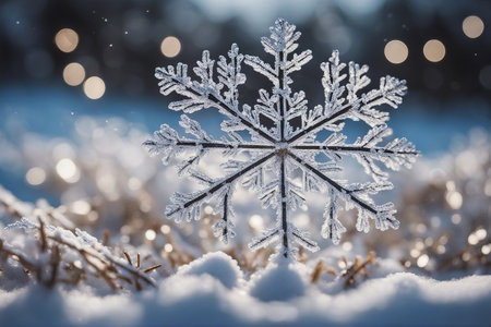 Beautiful snowflake on the background of the winter forest. Christmas background.の素材