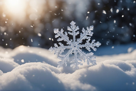 Snowflake in the snow. Winter background with snowflakes.の素材