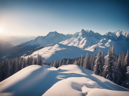 Beautiful winter landscape with snow covered trees and mountains in the backgroundの素材