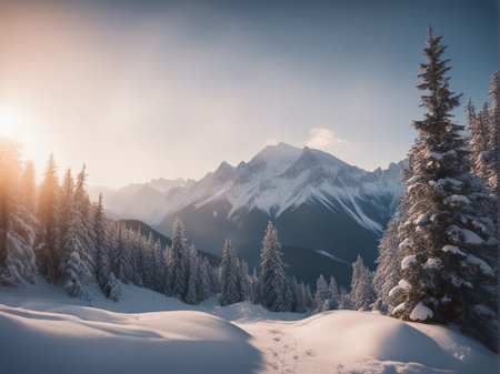 Beautiful winter landscape with snowy fir trees and mountains in the backgroundの素材