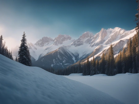 Beautiful winter landscape in the mountains with snow covered fir trees.の素材