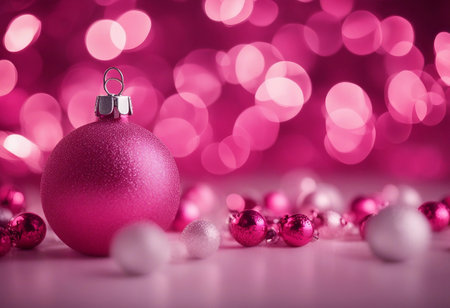 Pink christmas ball on pink bokeh background. Christmas card.の素材