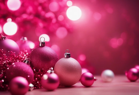 Pink christmas balls on pink wooden background with bokeh lightsの素材