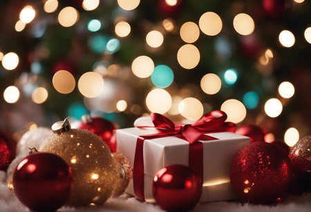 Christmas background with baubles and gift box on bokeh backgroundの素材