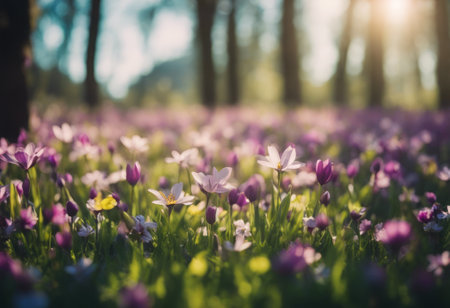 Beautiful crocus flowers blooming in the forest. Spring landscape.の素材